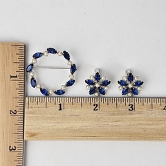 Vintage B. David Brooch & Clip Earrings Set Blue Navette Rhinestone & Faux Pearl
