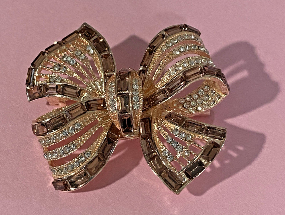 Rose Gold tone, BOW BROOCH PIN, Bezel Baguette Smoke Topaz Rhinestone & Crystals