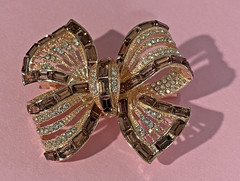 Rose Gold tone, BOW BROOCH PIN, Bezel Baguette Smoke Topaz Rhinestone & Crystals