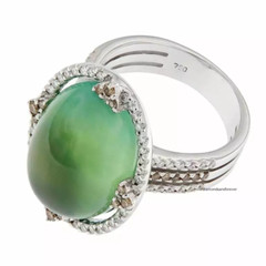 Cabochon Cut Deep Green Prehnite With Brown & White CZ Fantastic Fashion Ring