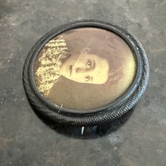 Antique Victorian Round Mourning Brooch C-Clasp Young Woman Memorial Photo 1.5”