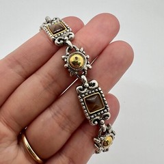 Vintage Premier Designs Two Tone Silver Gold Brown Moonstone Link Bracelet