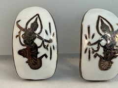 Vintage Siam Sterling Silver White Enamel Manimekhala Clip Earrings 1940s 1950s