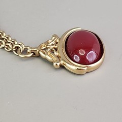 Vintage Liz Claiborne Necklace Faux Watch Fob Pendant Red Gold Tone 31″
