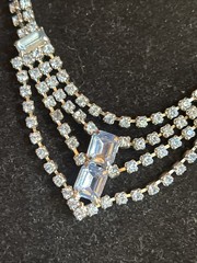 Vintage Silver Plate Blue Rhinestone Baguette Emerald Cut Collar Necklace 15”