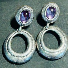 Vntg Sterling Door Knocker Dangle Post Earrings Purple Glass Cabochon 12.85 G