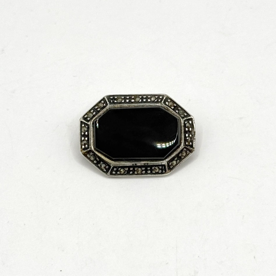 Vintage Art Deco 925 Sterling Silver Black Onyx Marcasite Brooch 1″ Pin Octagon