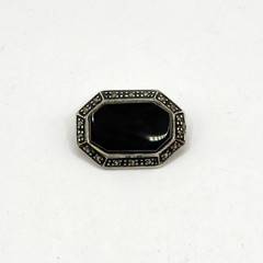 Vintage Art Deco 925 Sterling Silver Black Onyx Marcasite Brooch 1″ Pin Octagon