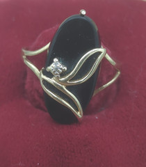 Vintage PSCO-P 14k gold and onyx ring, diamond chip inset size 6 Deco Style
