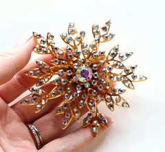 HUGE Vintage AB Glass Rhinestone Snowflake Brooch Articulated Gold Tone 3.5in