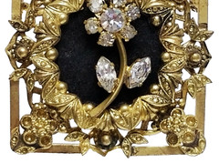 Antique Gold Tone Repousse Rhinestone Flower & Black Felt Pin Brooch AUSTRIA