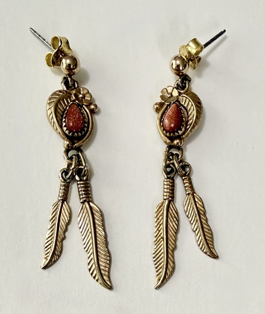 Vintage Southwestern Wm Wheeler WMCO Goldstone Gold Tone Feather Dangle Earrings