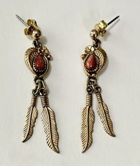 Vintage Southwestern Wm Wheeler WMCO Goldstone Gold Tone Feather Dangle Earrings