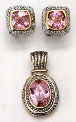 Vintage Crystal CZ Pink Topaz Gold & Silver Tone Detail Earrings & Pendant Set