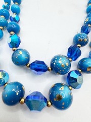 Vintage MCM Peacock Blue Iridescent Two Strand Beaded Necklace Glass Gold Fleck