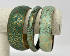 Boho Vintage Style Teal Green Embossed Brass Bangle Bracelet Mixed Set (3) Stack