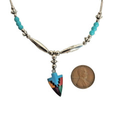 Vintage Southwestern Style Faux Colorful Arrowhead & Silver Tone Beaded Necklace
