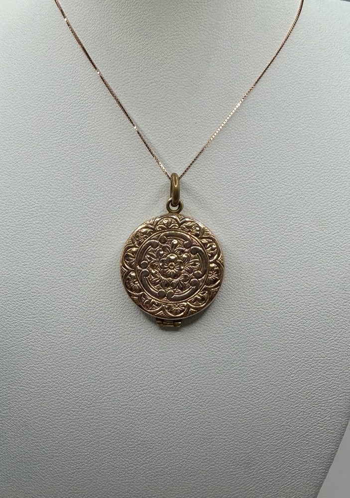 Antique Double Sided Rose Rolled Gold Flowers & Ribbon Design Locket Necklace