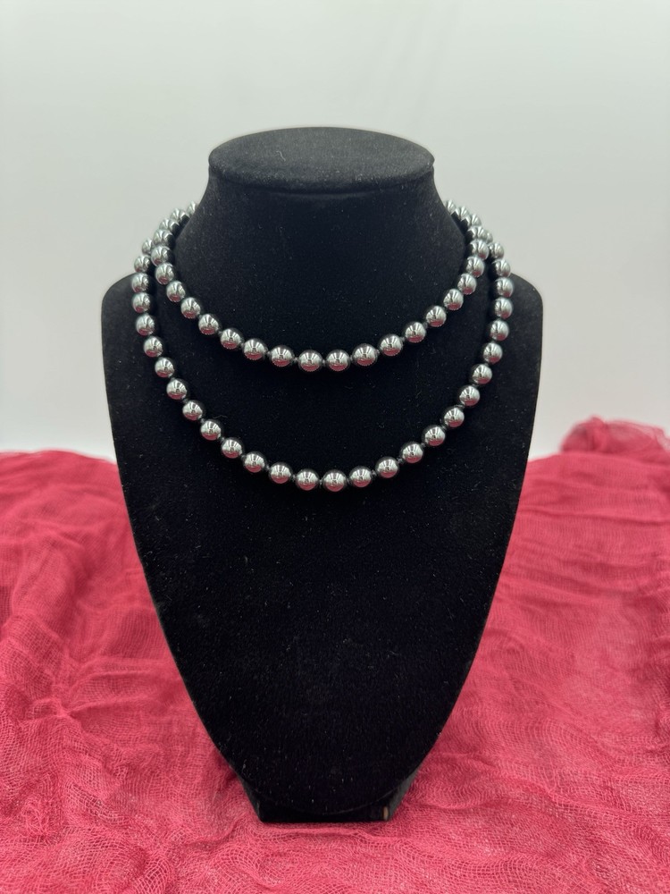 Vintage Hematite Hand Knotted Endless Necklace Long 28”