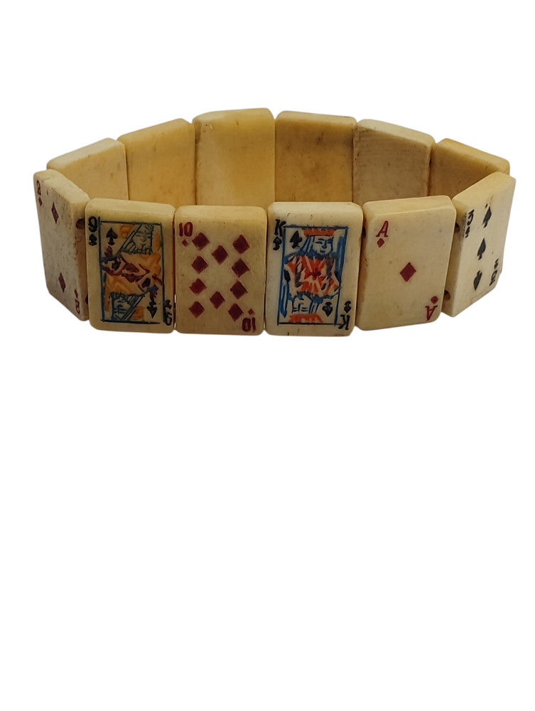 Vintage Hand-Carved Bovine Bone Playing Cards Stretch Bracelet 1950’s Jewelry