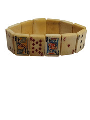 Vintage Hand-Carved Bovine Bone Playing Cards Stretch Bracelet 1950’s Jewelry