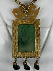 Kenneth Jay Lane KJL Faux Chinese Imperial Jade Pierced Filigree Plaque Necklace