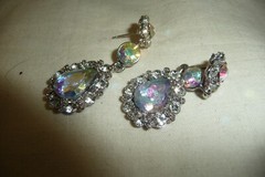 AB FACETED GLASS TEAR DROP W RHINESTONES DANGLE DROP #9/3A PIERCED EARRINGS