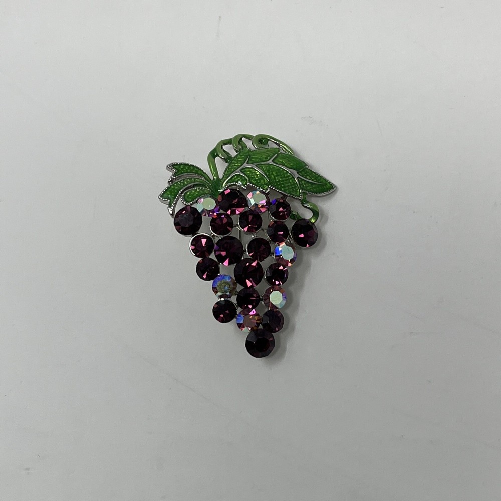 Vintage Grape Cluster Brooch Purple Rhinestones Silver VTG Costume Jewelry