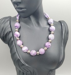 Vintage Purple Silk Wrapped Bead Necklace White Swirl Silver Tone Spacers 22″