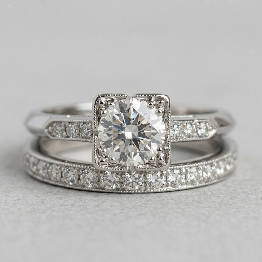 1.34 CT Round Moissanite 925 Silver Wedding Vintage Art Deco Antique Ring Set