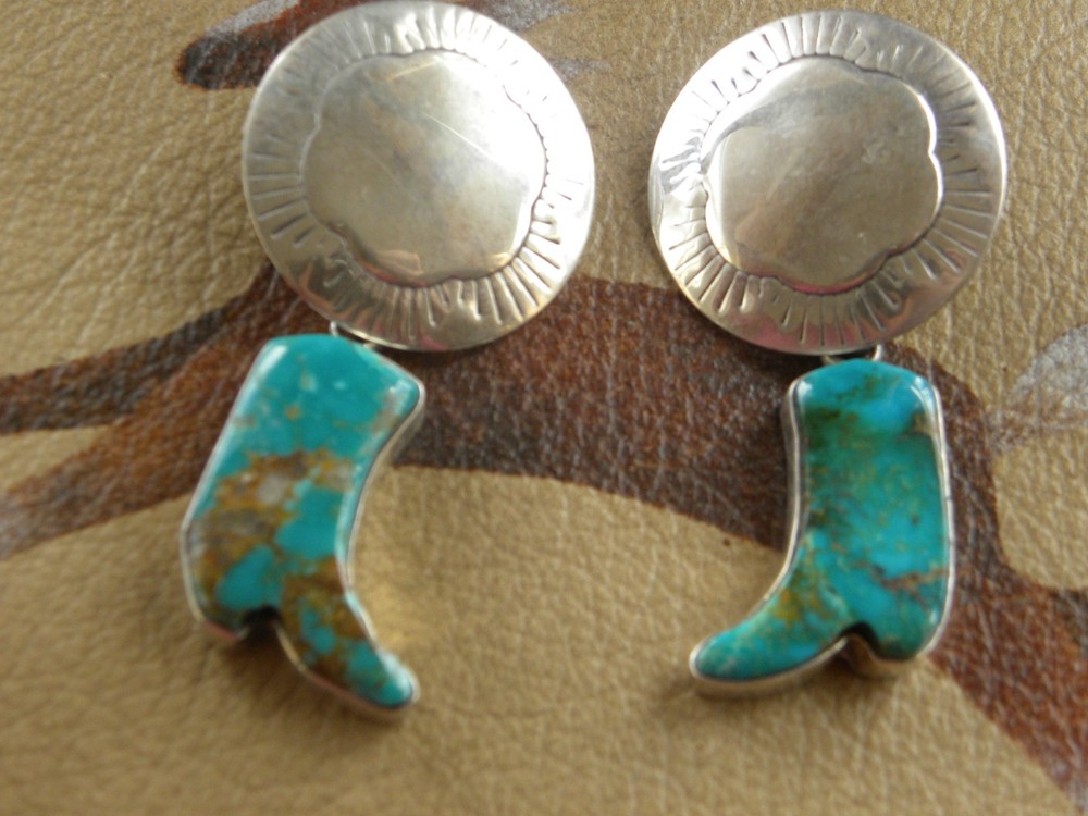 STERLING & TURQUOISE DANGLING COWBOY BOOT EARRINGS 2-1/4″
