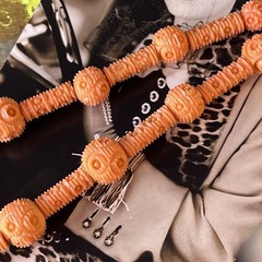 Art Deco Galalith Necklace Peach Orange Carved Beads 26” Opera Length