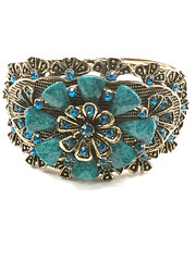 Victorian Style Filigree Cuff Bracelet Wide Blue Rhinestone Faux Turquoise