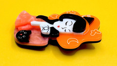 Dreaming Girl & Black Cat Acrylic Brooch Contemporary