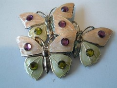 Vintage French Cloisonne Pink and Green Enamel and Rhinestone Butterfly Pin