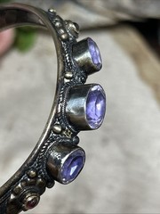 53. Vintage Nepal Mix Metal Triple Amethyst Garnet Cuff Bracelet 7″, 37g