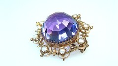 🌟Large Antique 8K Gold Amethyst w Pearls Pin & Faceted Dome-Shaped Stone