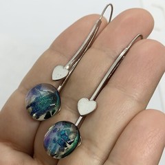 VTG BLUE FOIL GLASS SILVER HEART LONG DROP EARRINGS HOOK EAR WIRE 2”
