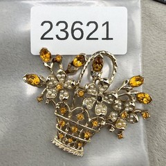 Vintage Rhinestone Brooch Flower Basket Orange Gold Tone READ