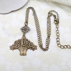 Flower Basket Necklace Antique Brass Handmade Floral Pendant Victorian Style