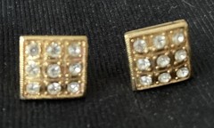 Classic TRIFARI Gold Plated Pierced Earrings Square With Rhinestones .5 Inches