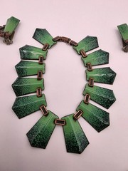 Vintage Signed Matisse Shades Of Green Speckled Enamel On Copper Set