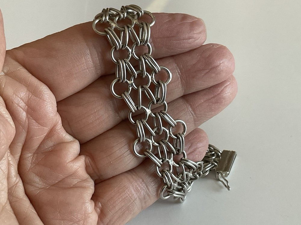 Vintage Sterling Silver Chain-Link Charm-Holder Bracelet w/Slide Lock Clap 8”
