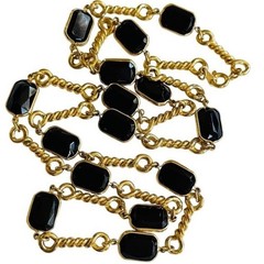 VTG Regal gold link necklace black open bezel Chicklet statement runway 90s 30″