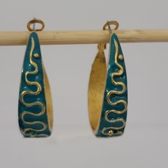 Vintage Gold Tone Pink Blue Enamel Dangle Hoop Earrings Statement