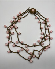 Vintage Multi 3 Strand Pink Beaded Necklace Antique Gold Tone Etched Bar Link