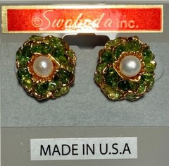AUTHENTIC SWOBODA FLOWER EARRINGS ~ PERIDOT, PEARL ~ PIERCED~STUNNING!