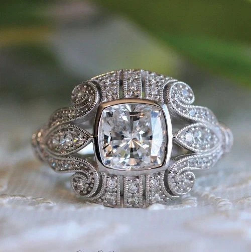 Art Deco Style Cushion Lab Created Diamond Engagement 14K White Gold Finish Ring