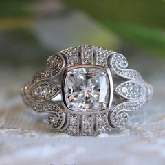 Art Deco Style Cushion Lab Created Diamond Engagement 14K White Gold Finish Ring