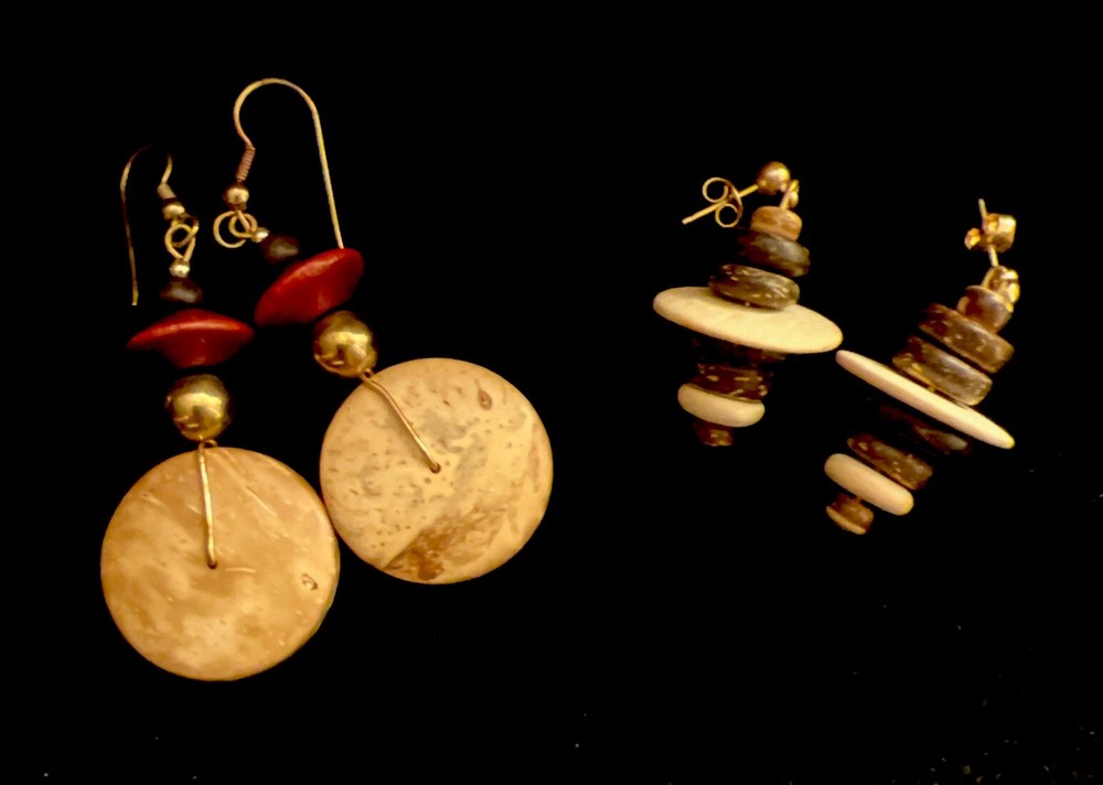 Vintage Retro Wood Gold Bead Discs Bohemian French Wire Earrings Studs Lot Of 2
